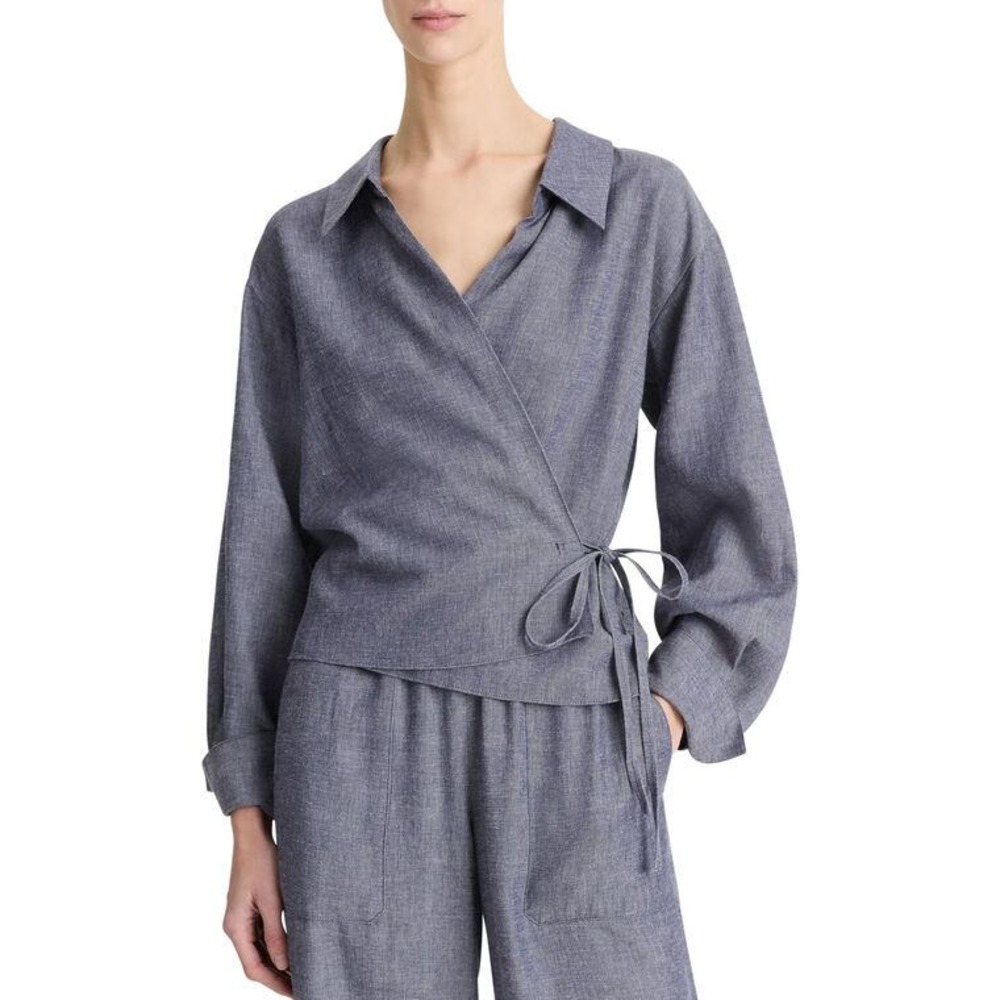Vince Womens Collared Long Sleeve Wrap Top Linen Blend Blue Long Size S